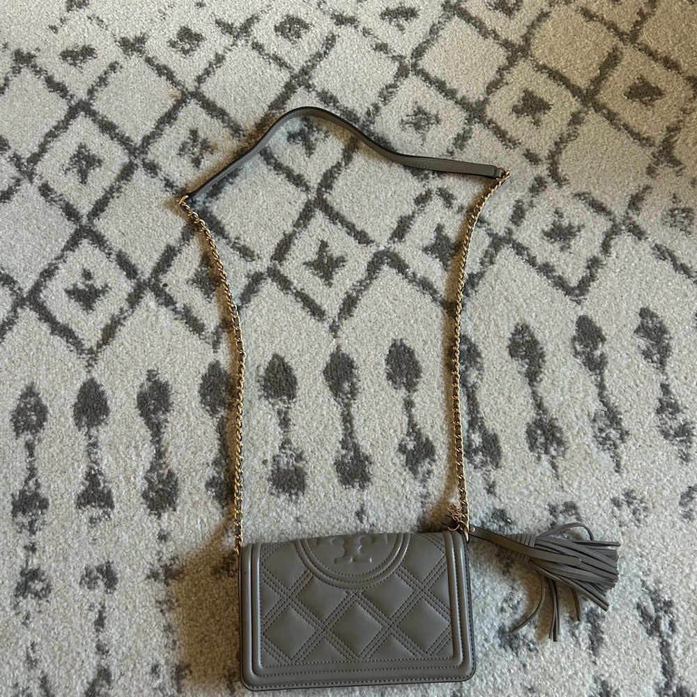 Tory Burch Gray Quilted Crossbody Bag with Gold Chain